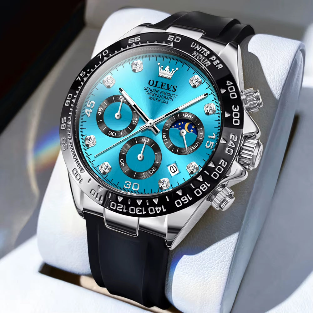 Watch for Men Gold Watch Silicone Luminous Waterproof Luxury Multifunction Analog Chronograph Moon Phase Men Quartz Watch