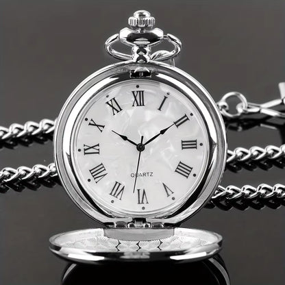 Smooth Steel Quartz Pocket Watch, Vintage Roman Number Dial Watch