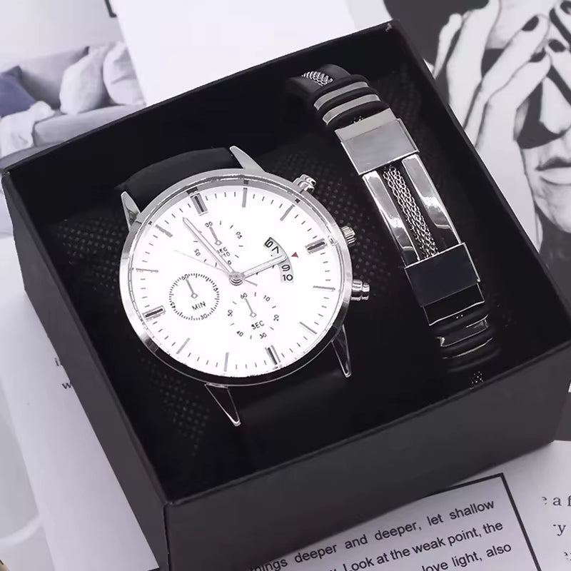 Men Watch Bracelet Set Fashion Sport Wrist Watch Alloy Case Leather Band Watch Quartz Business Wristwatch Calendar Clock Gift