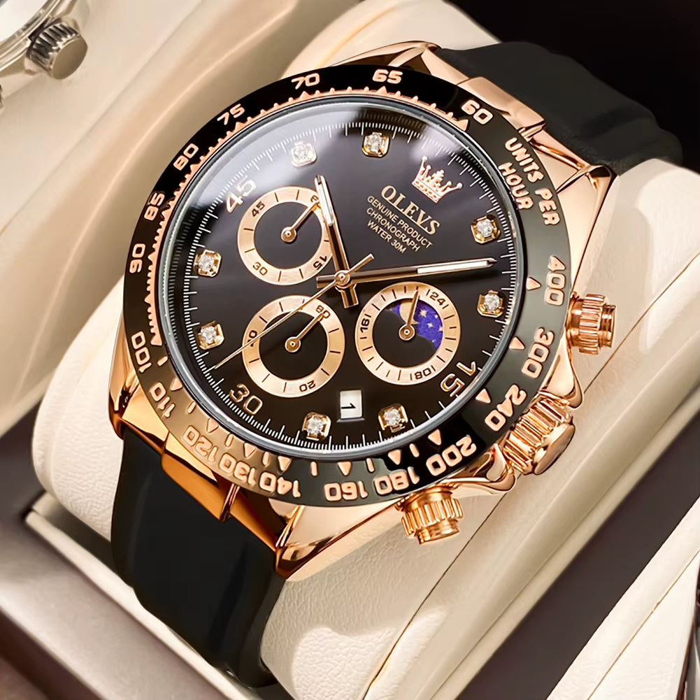 Watch for Men Gold Watch Silicone Luminous Waterproof Luxury Multifunction Analog Chronograph Moon Phase Men Quartz Watch