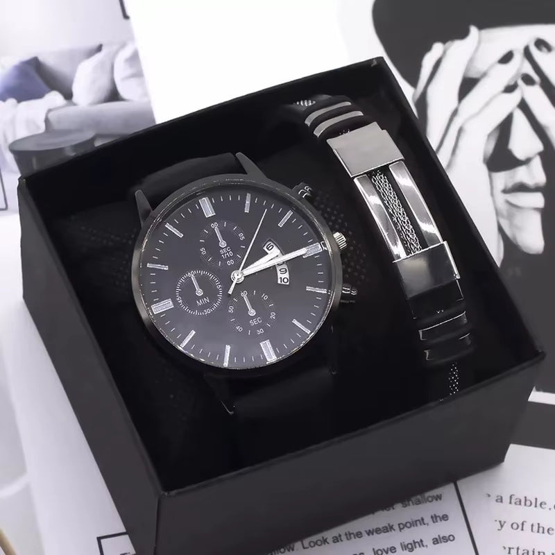 Men Watch Bracelet Set Fashion Sport Wrist Watch Alloy Case Leather Band Watch Quartz Business Wristwatch Calendar Clock Gift