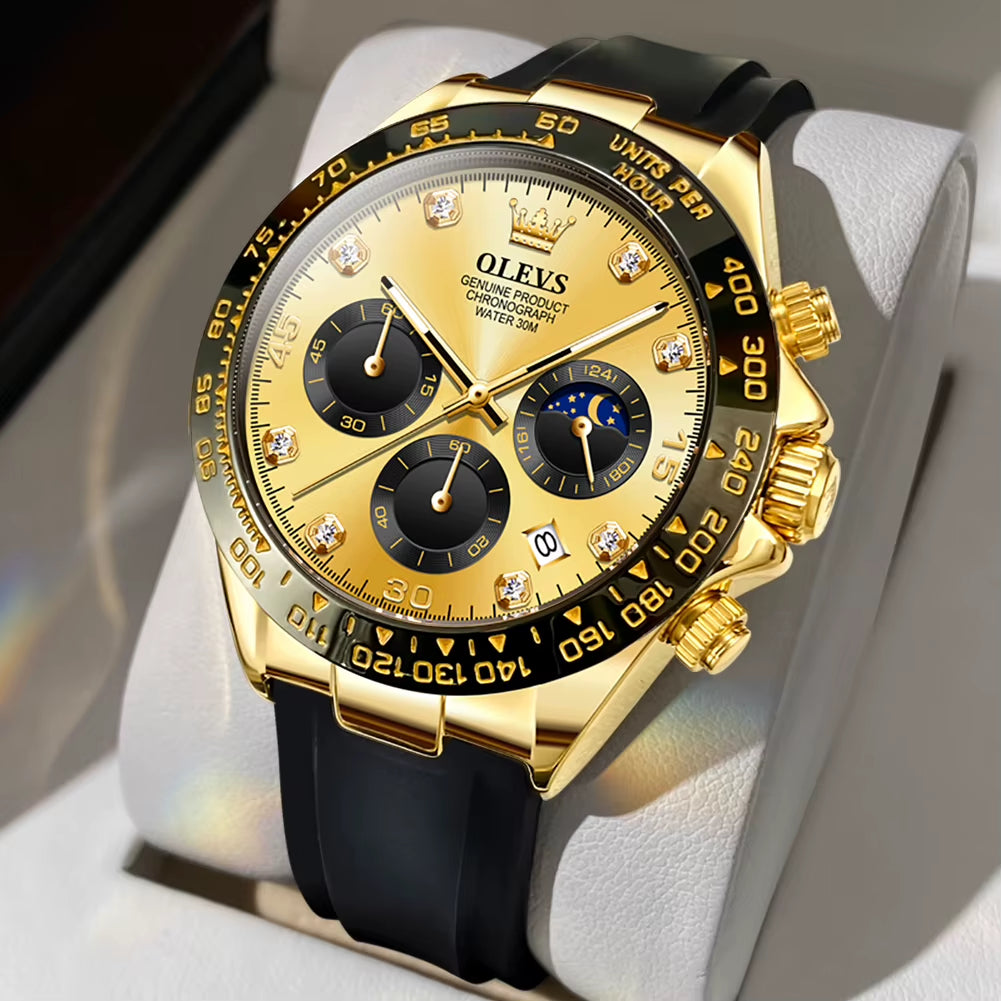 Watch for Men Gold Watch Silicone Luminous Waterproof Luxury Multifunction Analog Chronograph Moon Phase Men Quartz Watch