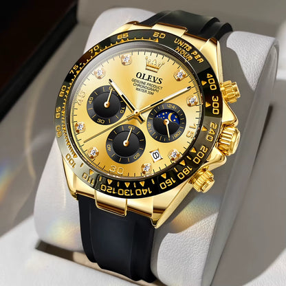 Watch for Men Gold Watch Silicone Luminous Waterproof Luxury Multifunction Analog Chronograph Moon Phase Men Quartz Watch