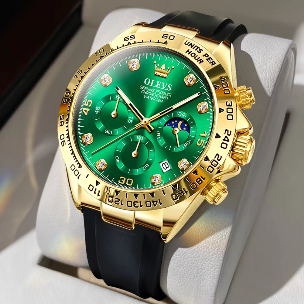 Watch for Men Gold Watch Silicone Luminous Waterproof Luxury Multifunction Analog Chronograph Moon Phase Men Quartz Watch