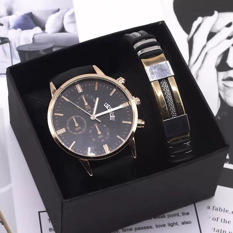 Men Watch Bracelet Set Fashion Sport Wrist Watch Alloy Case Leather Band Watch Quartz Business Wristwatch Calendar Clock Gift