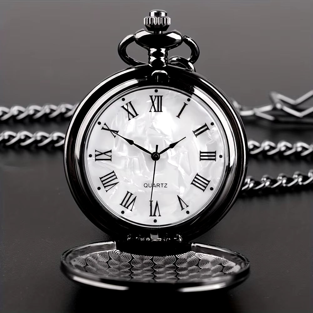 Smooth Steel Quartz Pocket Watch, Vintage Roman Number Dial Watch