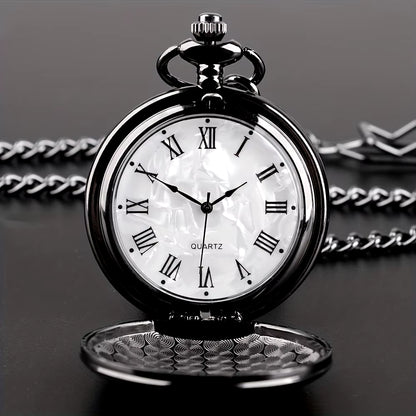 Smooth Steel Quartz Pocket Watch, Vintage Roman Number Dial Watch