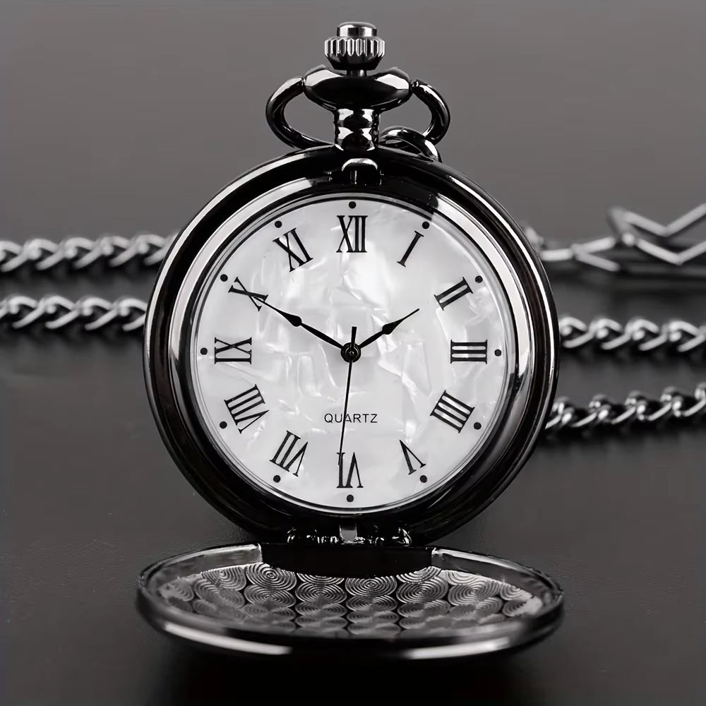 Smooth Steel Quartz Pocket Watch, Vintage Roman Number Dial Watch