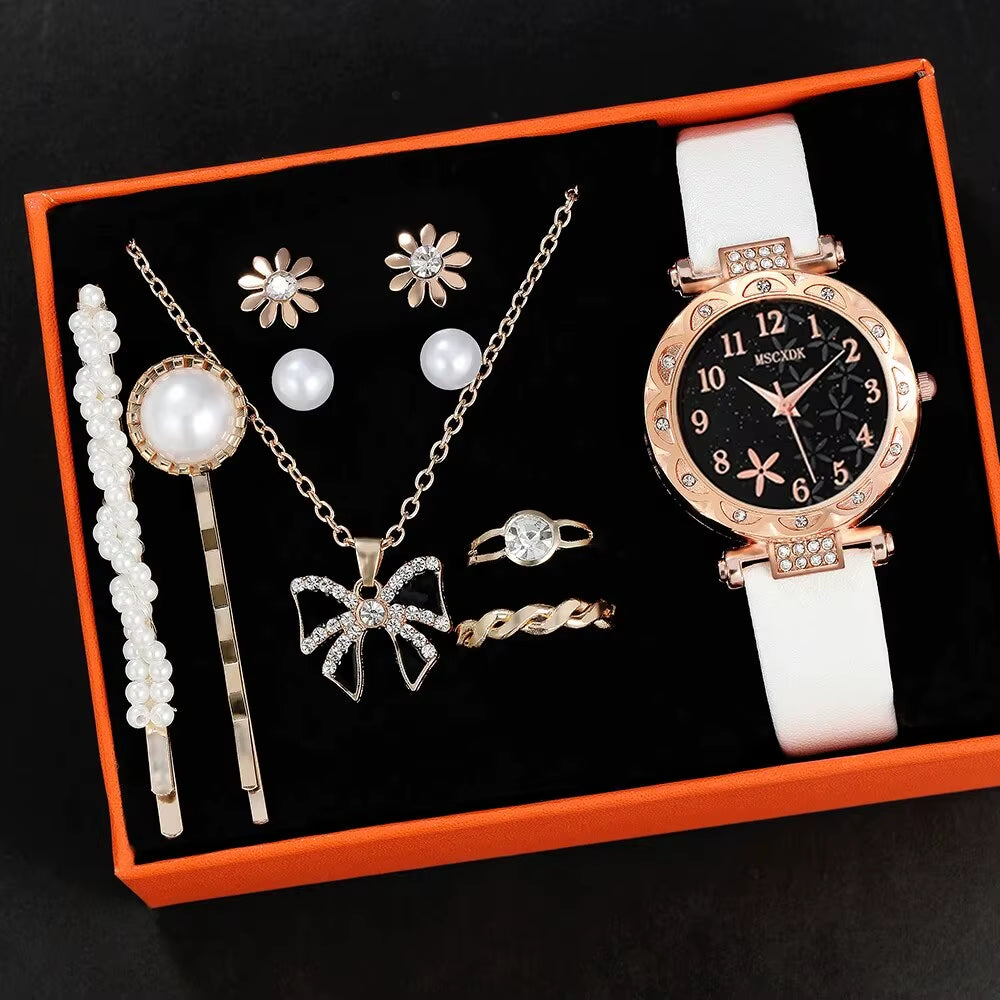 10Pcs Women'S Watch Set Fashion Casual round WOMEN'S Quartz Watch Fashion Hairpin Earrings Necklace Ring Watch Set