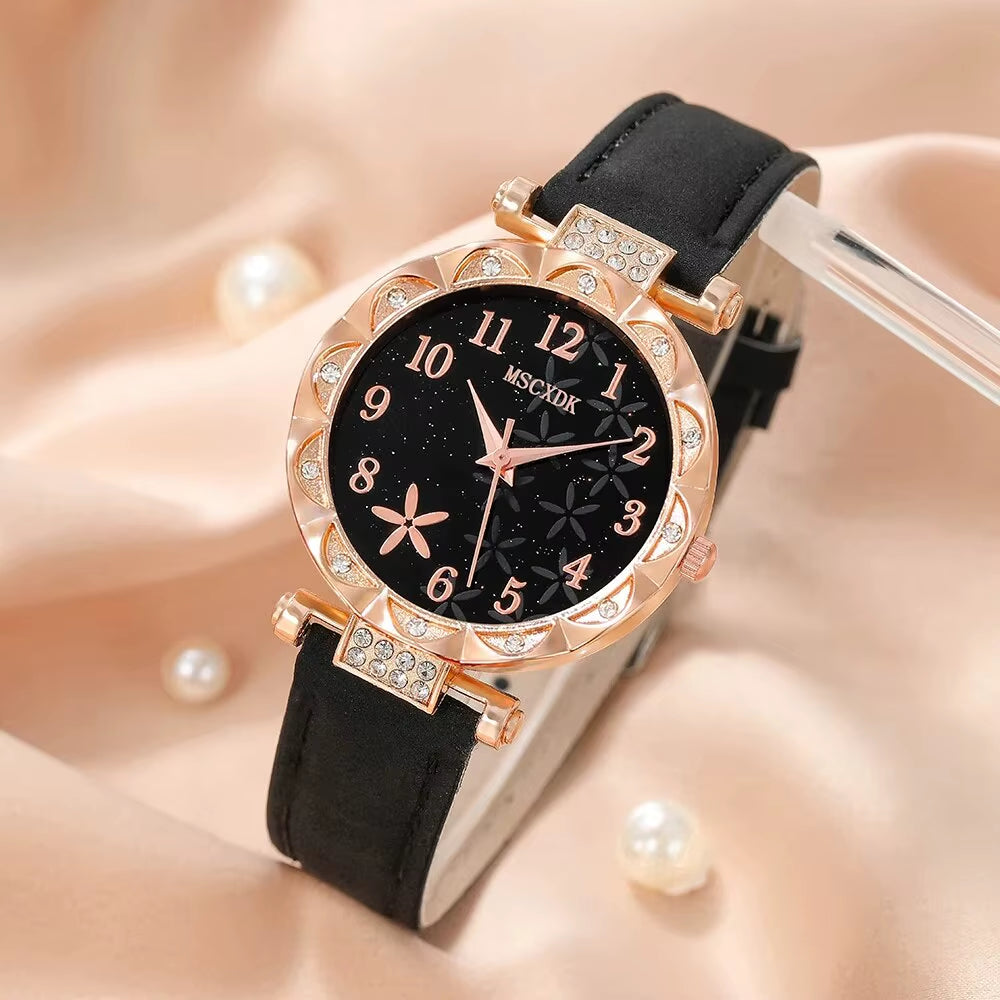 10Pcs Women'S Watch Set Fashion Casual round WOMEN'S Quartz Watch Fashion Hairpin Earrings Necklace Ring Watch Set