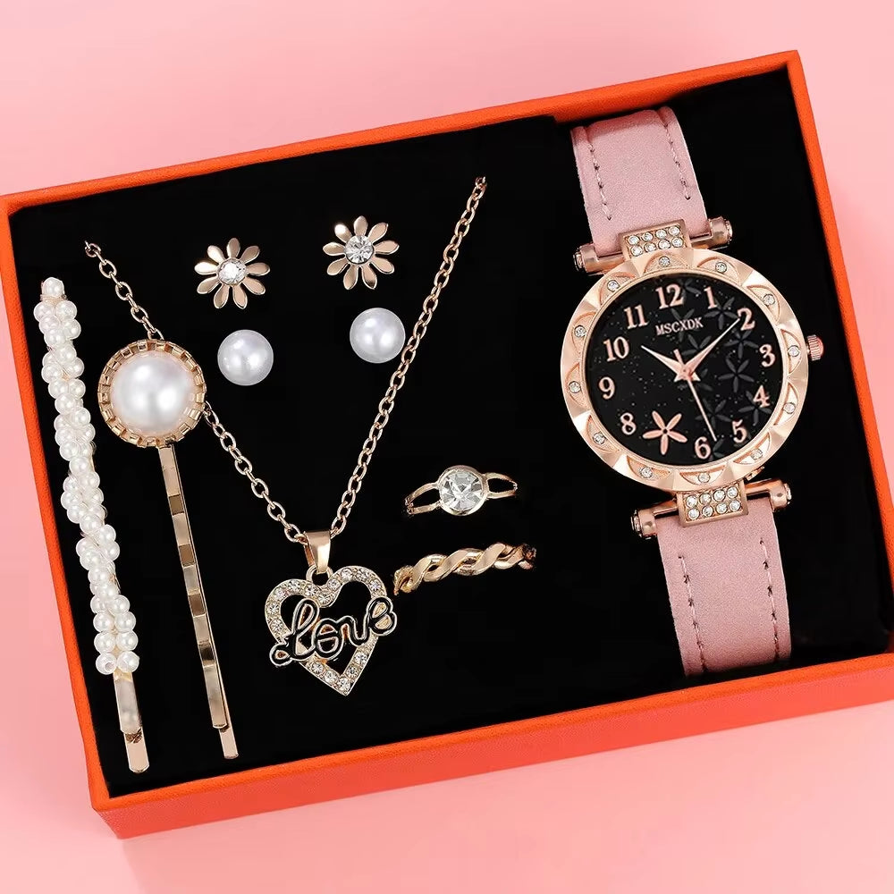 10Pcs Women'S Watch Set Fashion Casual round WOMEN'S Quartz Watch Fashion Hairpin Earrings Necklace Ring Watch Set