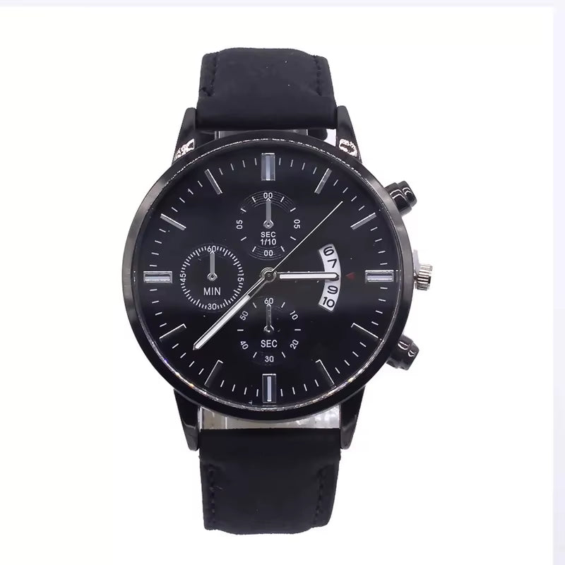 Men Watch Bracelet Set Fashion Sport Wrist Watch Alloy Case Leather Band Watch Quartz Business Wristwatch Calendar Clock Gift