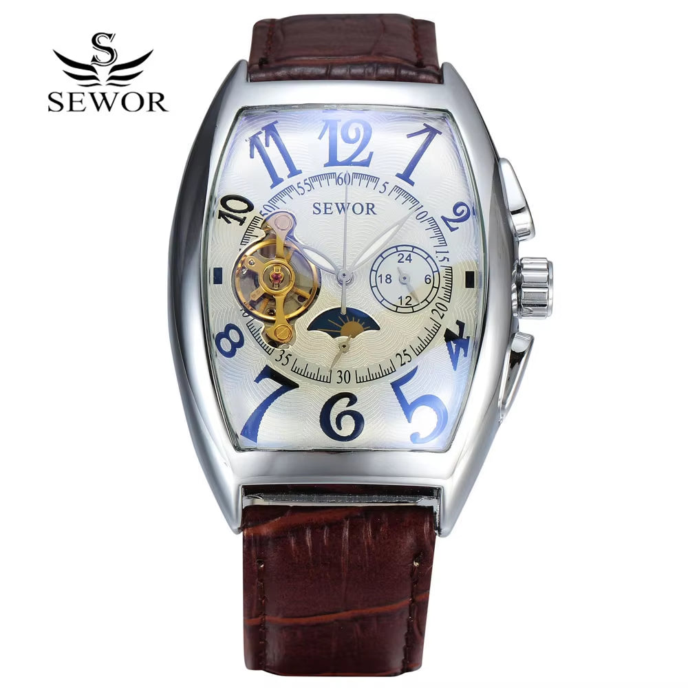 SEWOR Luxury Tourbillon Watches Men Automatic Mechanical Watches Fashion Tonneau Watches Casual Men Watches Moon Phase Reloj