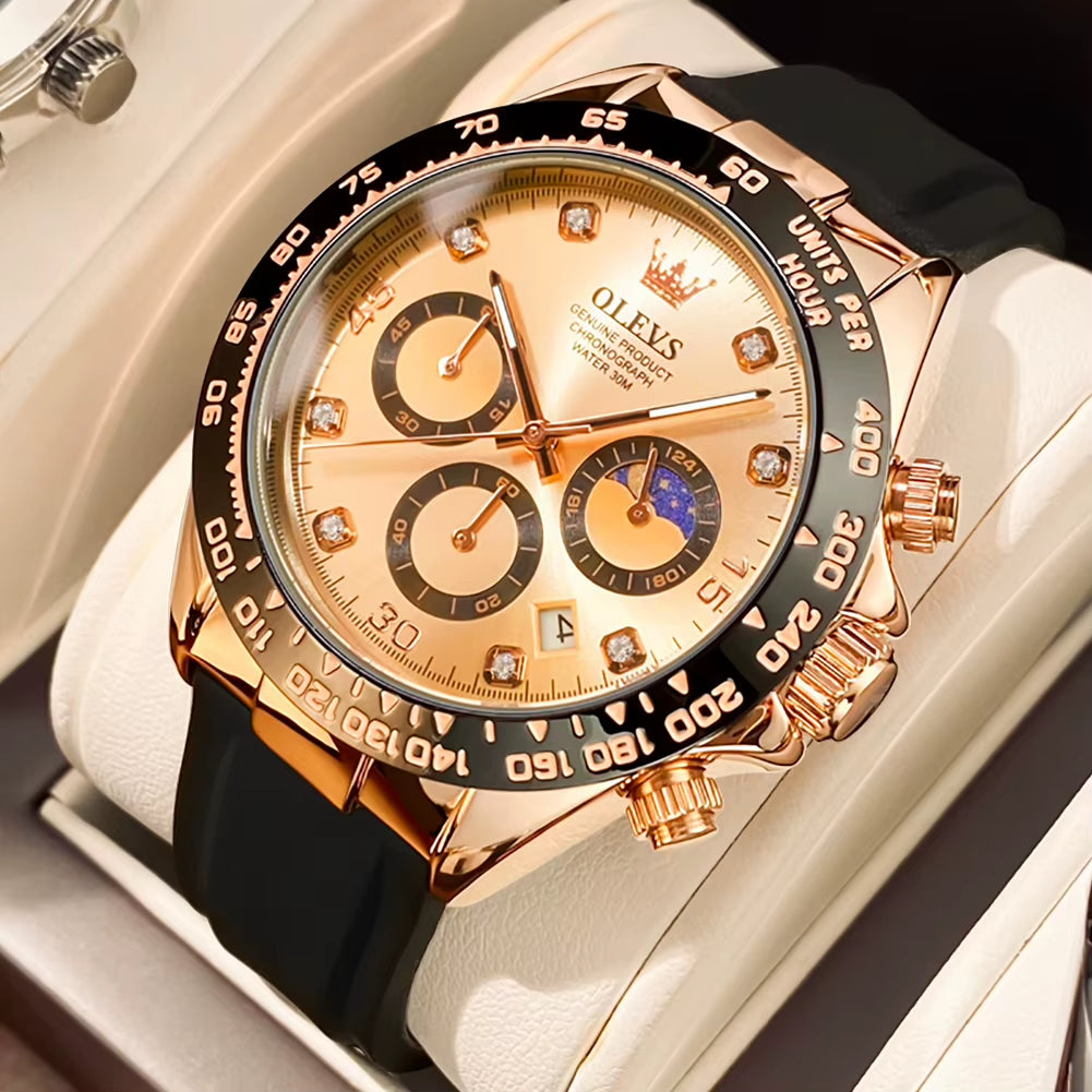 Watch for Men Gold Watch Silicone Luminous Waterproof Luxury Multifunction Analog Chronograph Moon Phase Men Quartz Watch