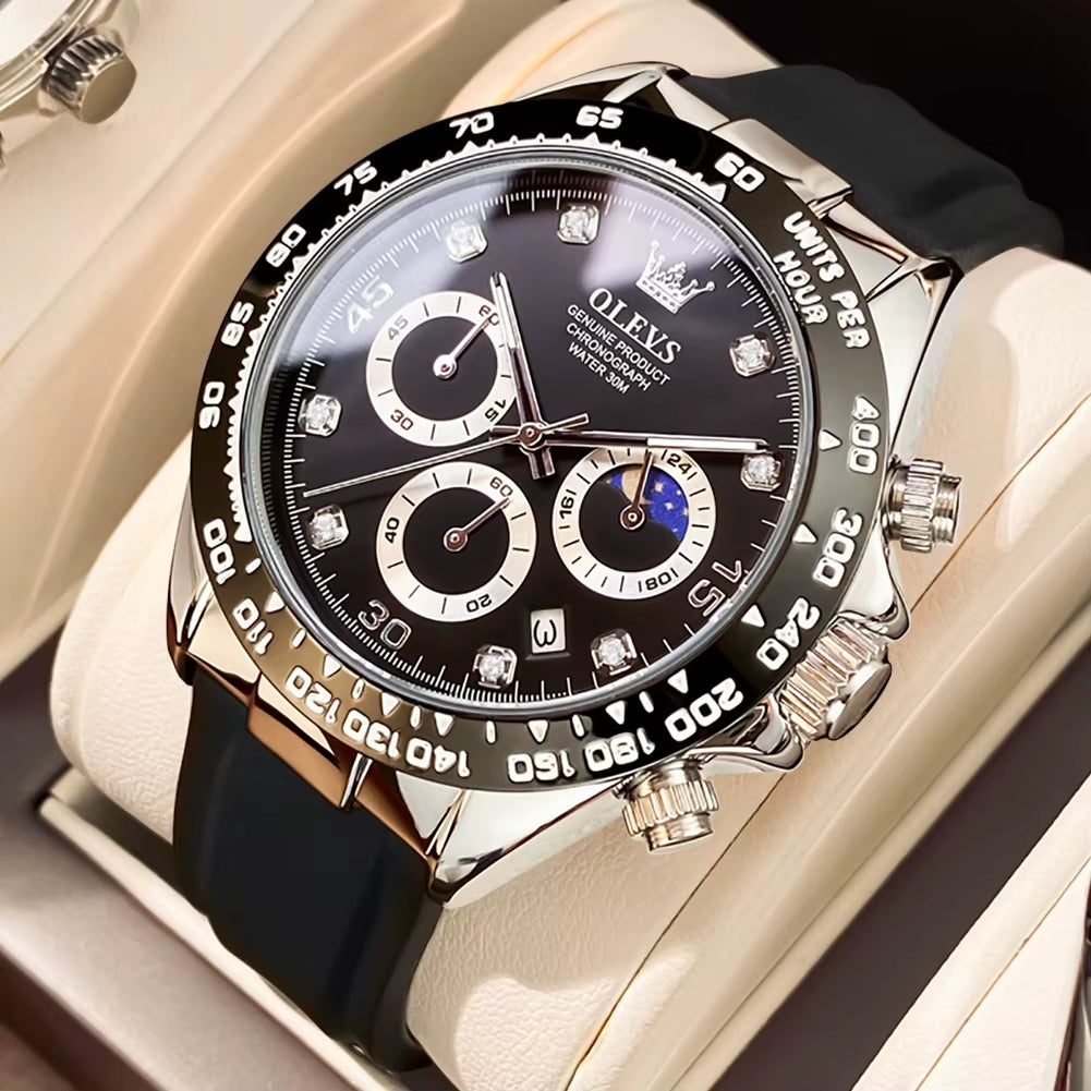 Watch for Men Gold Watch Silicone Luminous Waterproof Luxury Multifunction Analog Chronograph Moon Phase Men Quartz Watch