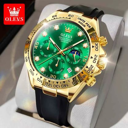 Watch for Men Gold Watch Silicone Luminous Waterproof Luxury Multifunction Analog Chronograph Moon Phase Men Quartz Watch