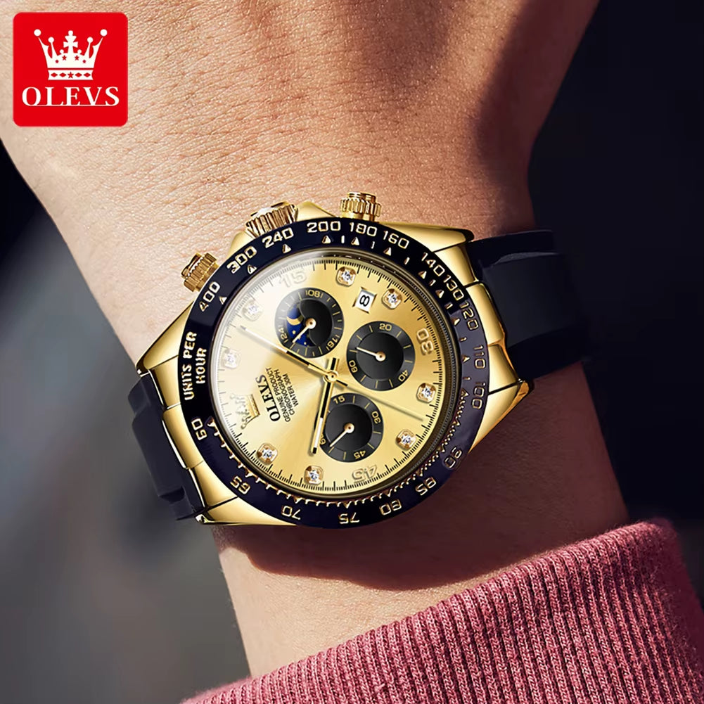 Watch for Men Gold Watch Silicone Luminous Waterproof Luxury Multifunction Analog Chronograph Moon Phase Men Quartz Watch